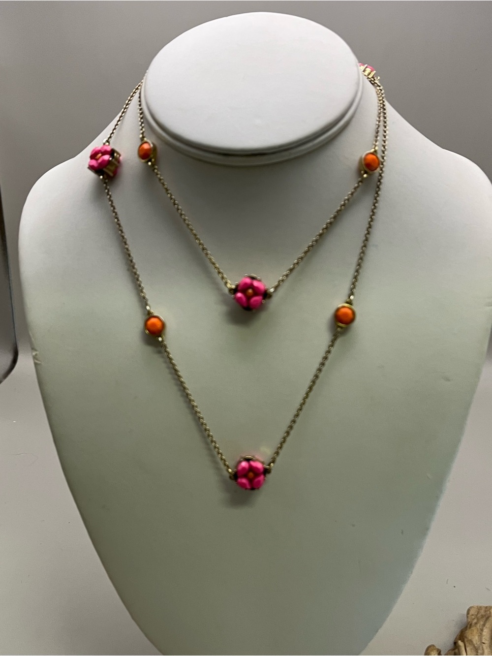 Gold Chain Necklace with Pink Floral and Orange Bead Accents